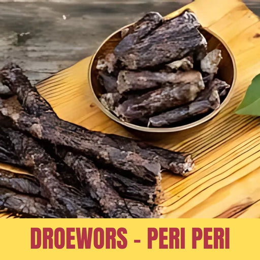 Droewors in a bowl on a wooden surface with 'Droewors - Peri Peri' text.