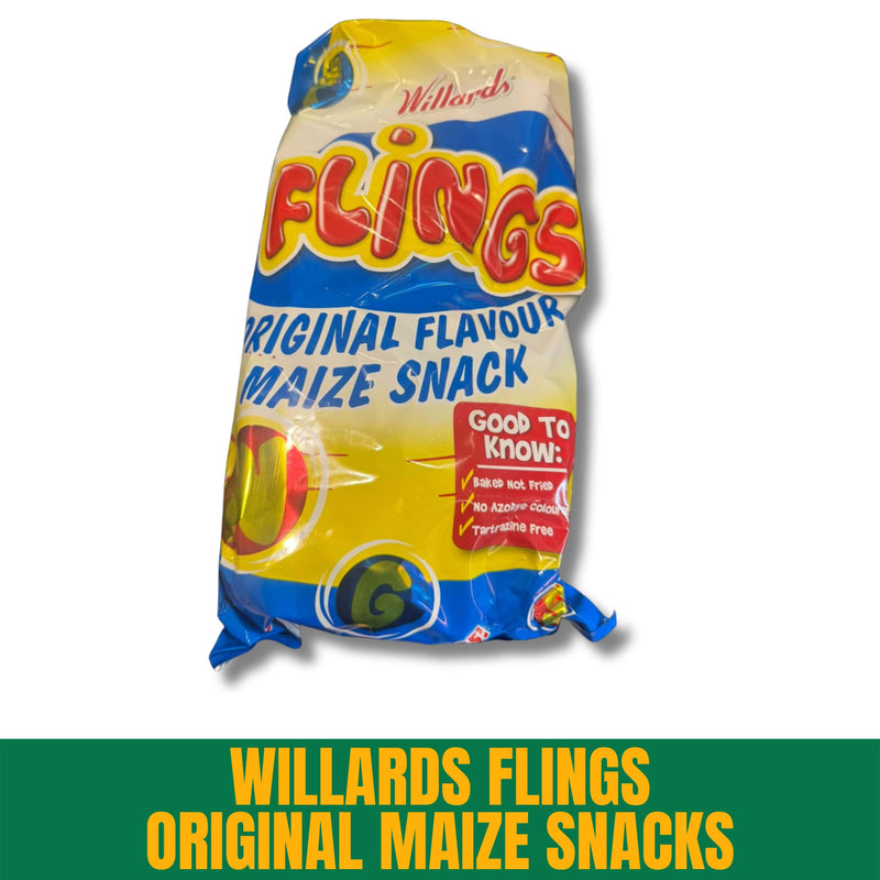 Willards Flings Original Maize Snacks packaging on a white background