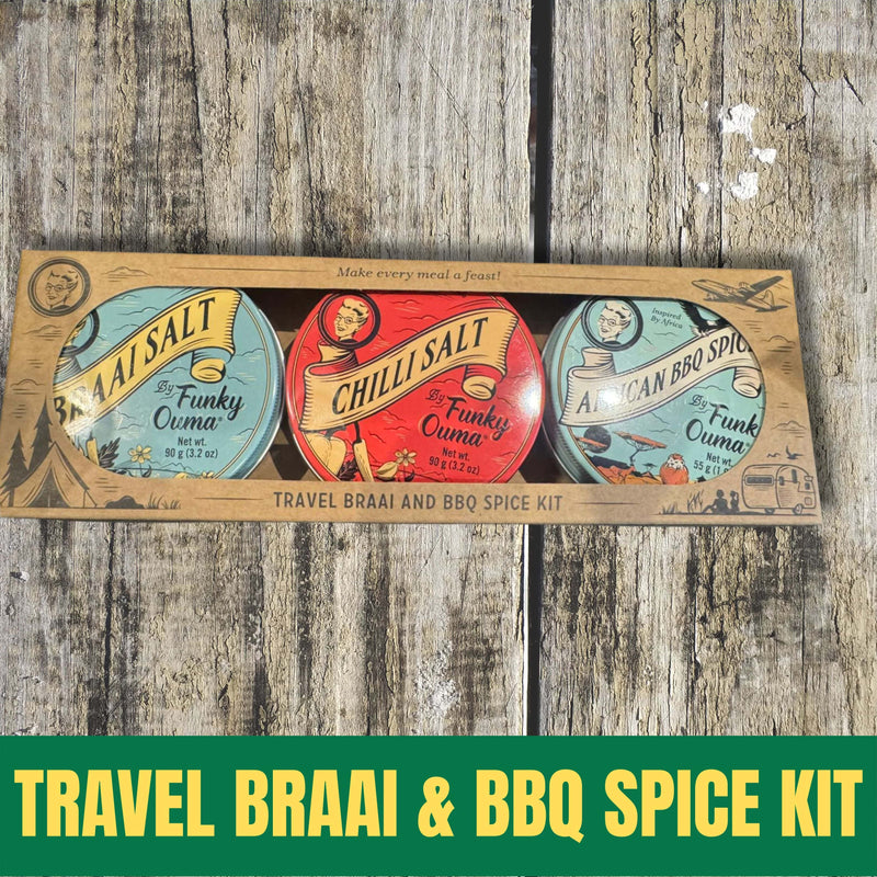 Travel braai and BBQ spice kit on a wooden surface with visible text and branding.