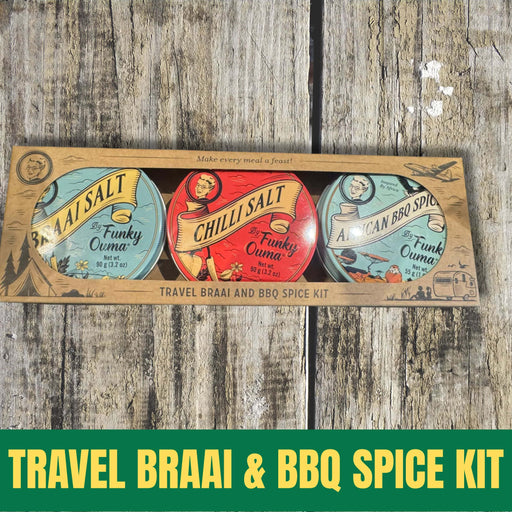 Travel braai and BBQ spice kit on a wooden surface with visible text and branding.