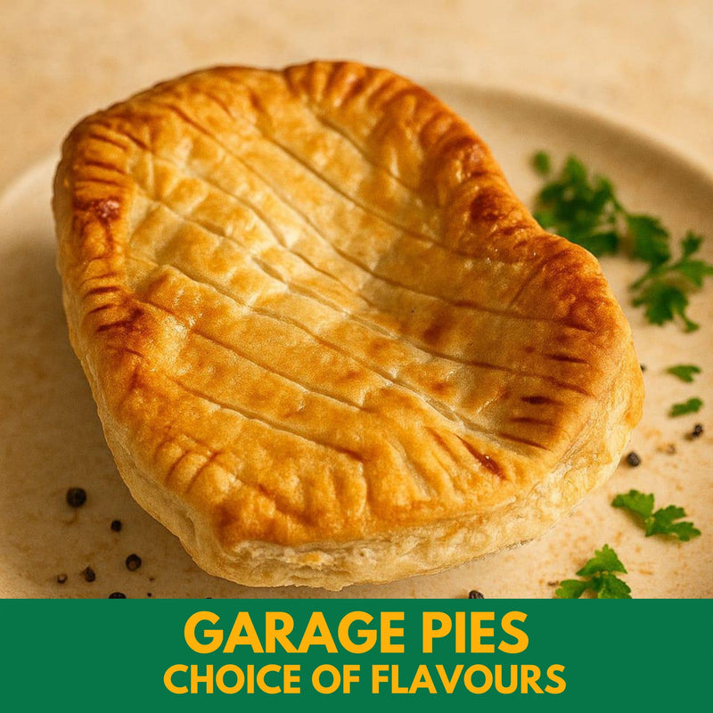 Baked South African Garage pie on a plate with 'Garage Pies' text