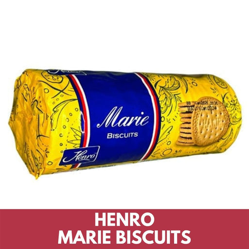 Rolled-up package of Henro Marie Biscuits with yellow and blue packaging on a white background.