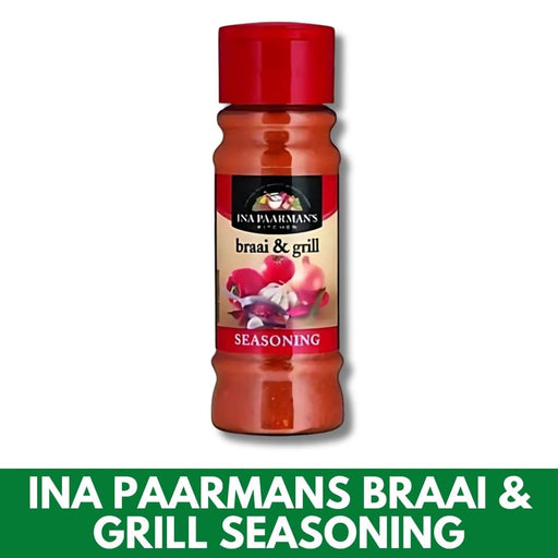 Bottle of Ina Paarmans braai & grill seasoning on a white background