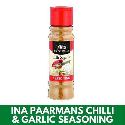 Bottle of Ina Paarmans Chilli & Garlic seasoning with a red cap on a white background.
