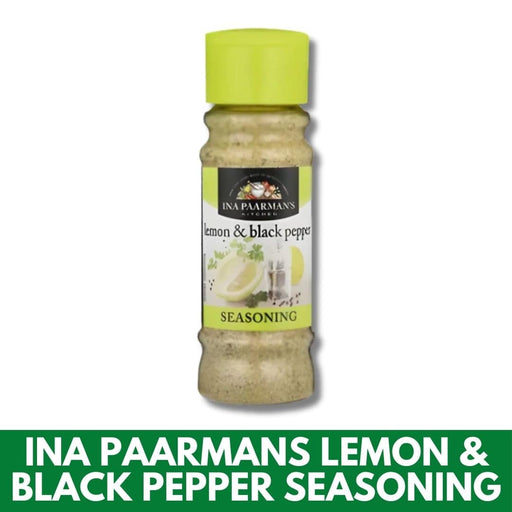 Bottle of Ina Paarmans Lemon & Black Pepper Seasoning on a white background