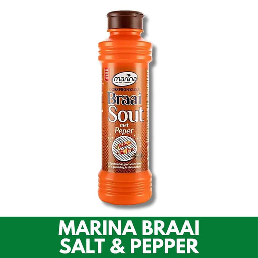 Orange bottle of Marina Braai Salt & Pepper on a white background