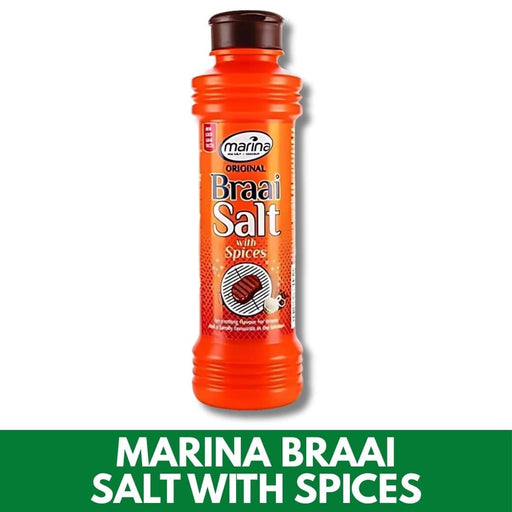 Orange bottle of Marina Braai Salt with Spices on a white background
