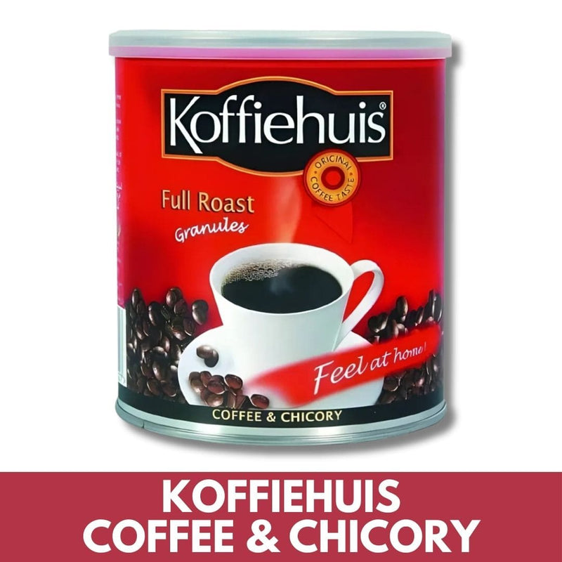 Koffiehuis coffee can with red label and cup of coffee design on a white background
