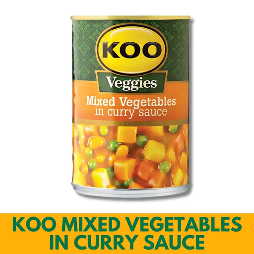 Can of KOO Mixed Vegetables in Curry Sauce on a white background