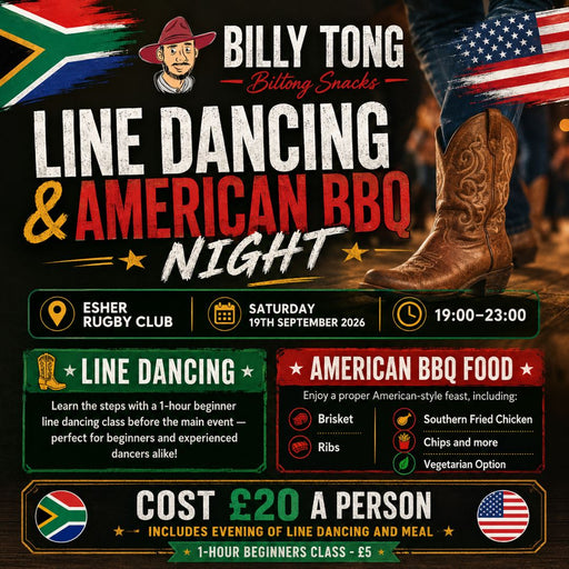 Promotional flyer for 'Line Dancing & American BBQ Night' by Billy Tong Billings Snacks, featuring a South African flag, American flag, cowboy boot, and barbecue food options on a dark background.