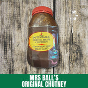Jar of Mrs Ball's Original Chutney on a wooden surface