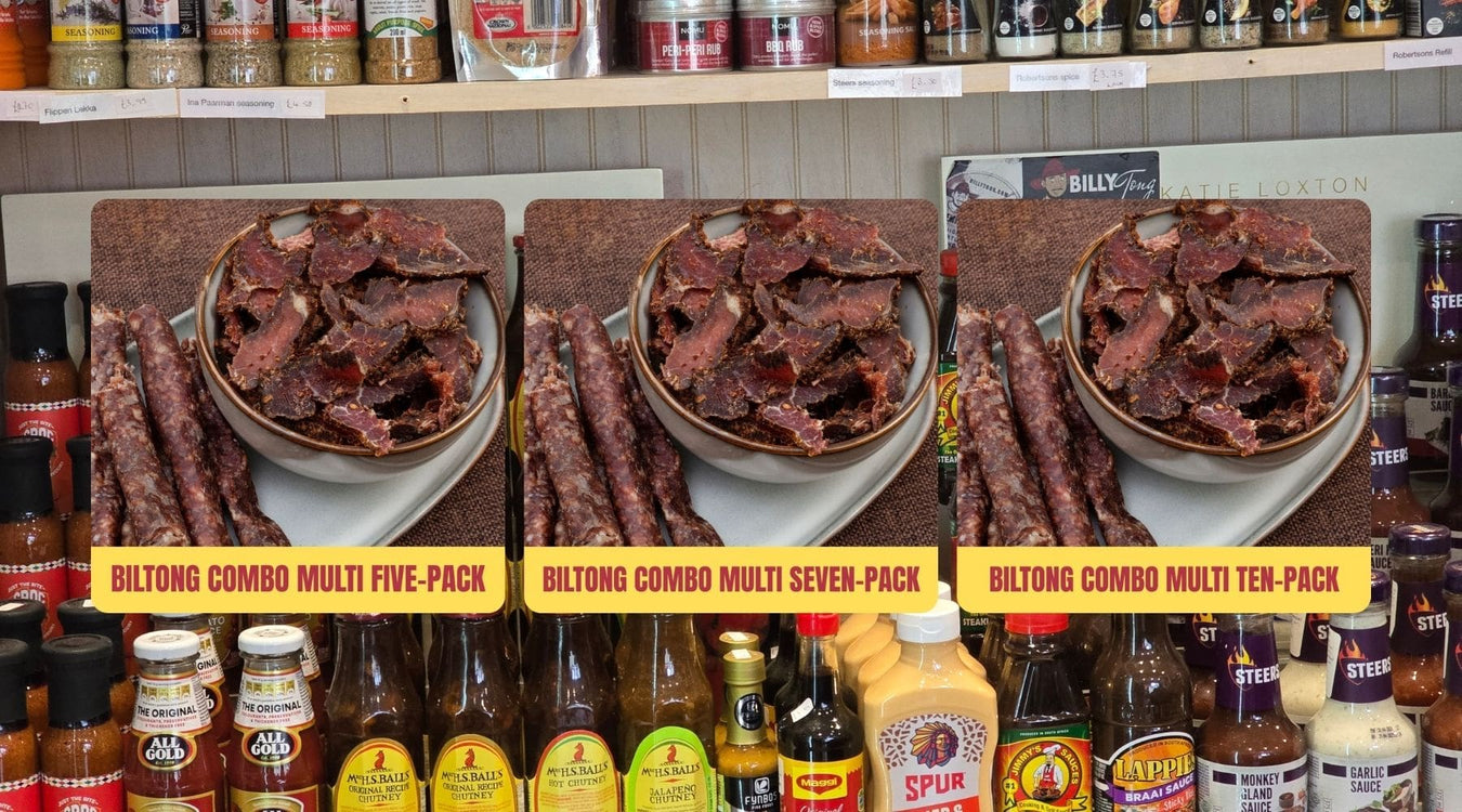 Three bowls of biltong with various bottles in the background on a shelf.