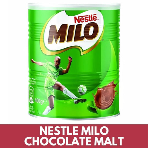 Green can of Nestle Milo chocolate malt with a person playing soccer on the label.