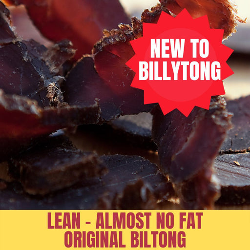 Lean, low fat Biltong with a 'New to Billytong' label and promotional text.
