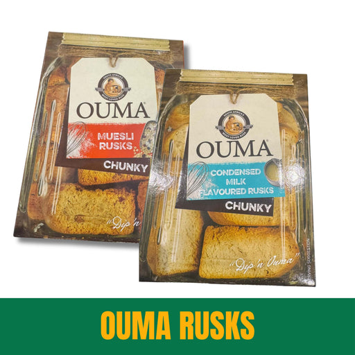 Two packages of Ouma Rusks with different flavors on a white background.