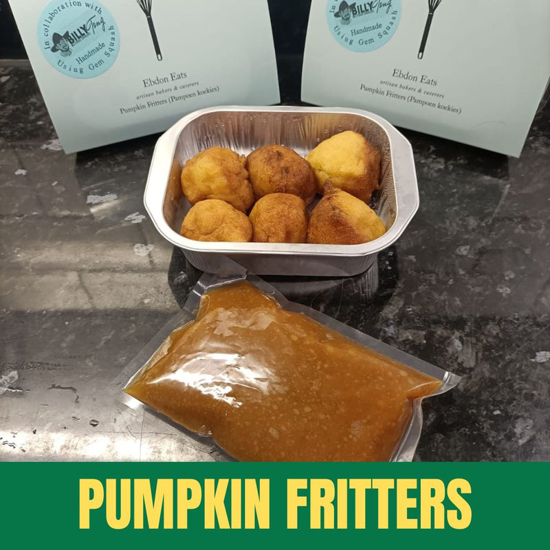 Pumpkin fritters in a container with a bag of syrup on a dark surface, branded 'Elden Eats'.