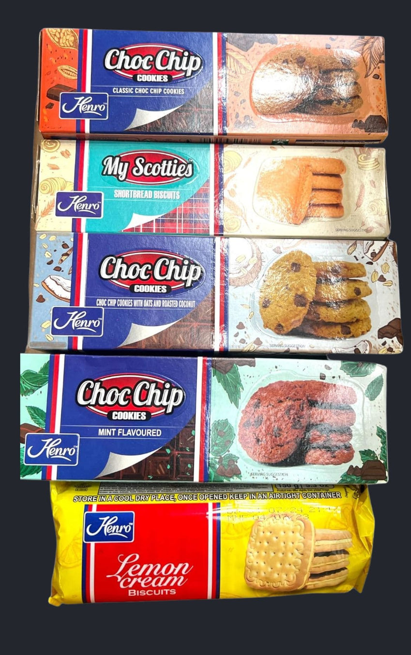 Collection of various biscuit packages with different flavors on a black background. Pantry staples for South Africans.