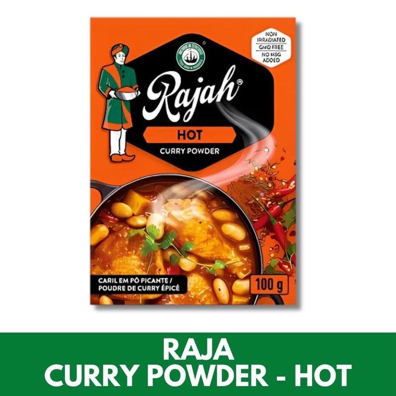 Rajah Hot Curry Powder packaging with a bowl of curry on a white background