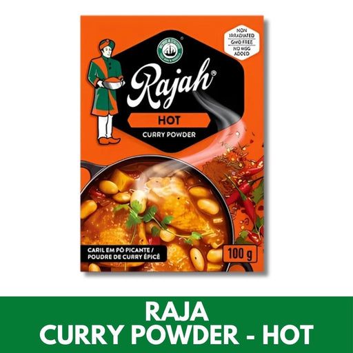 Rajah Hot Curry Powder packaging with a bowl of curry on a white background