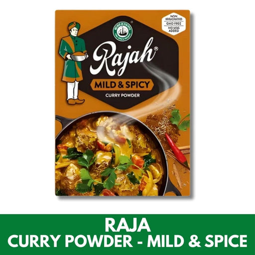 Rajah Mild & Spicy Curry Powder packaging with a bowl of curry and text.
