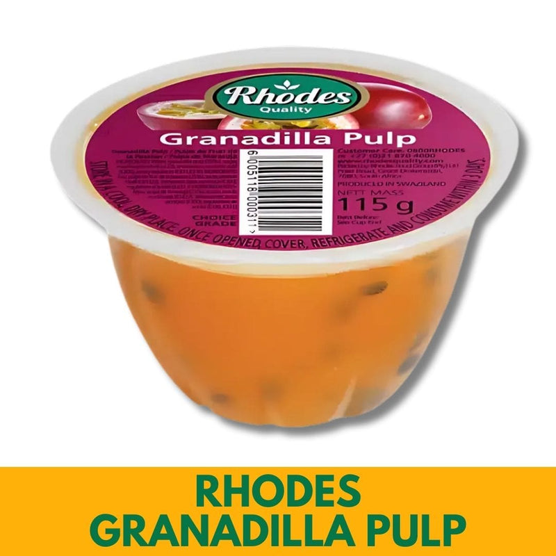 Container of Rhodes Granadilla Pulp with a purple label on a white background