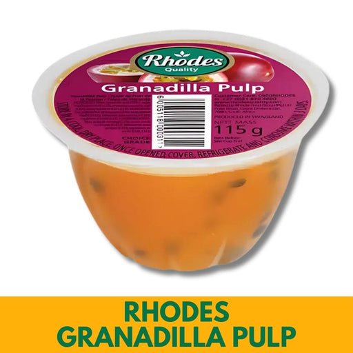 Container of Rhodes Granadilla Pulp with a purple label on a white background