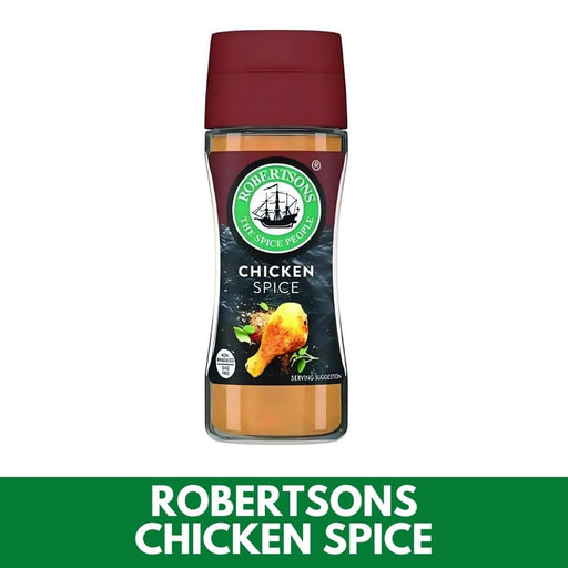 Bottle of Robertsons Chicken Spice on a white background