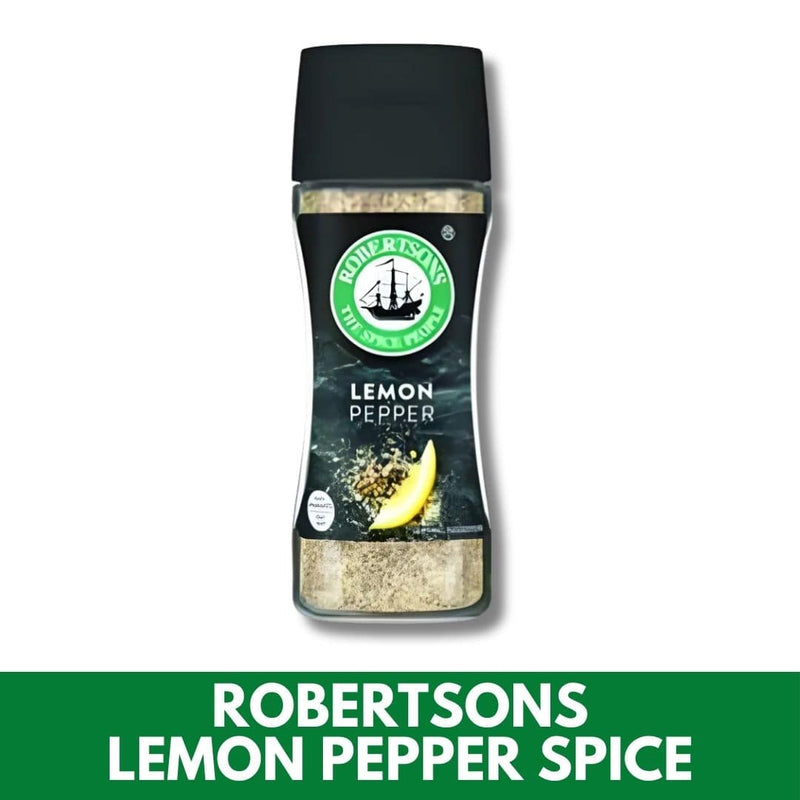 Bottle of Robertsons Lemon Pepper Spice on a white background