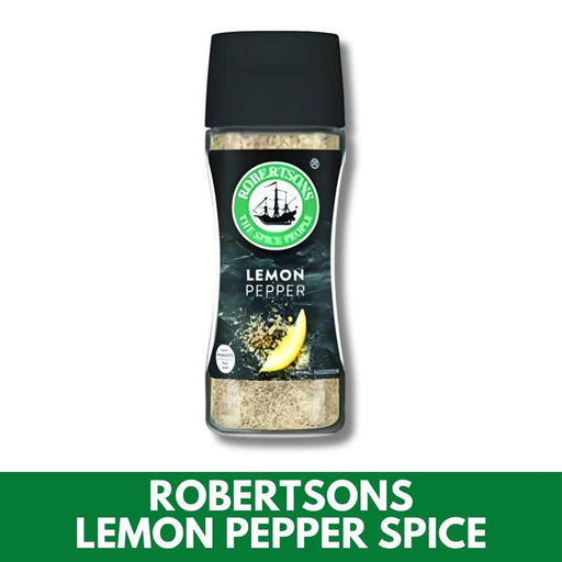 Bottle of Robertsons Lemon Pepper Spice on a white background