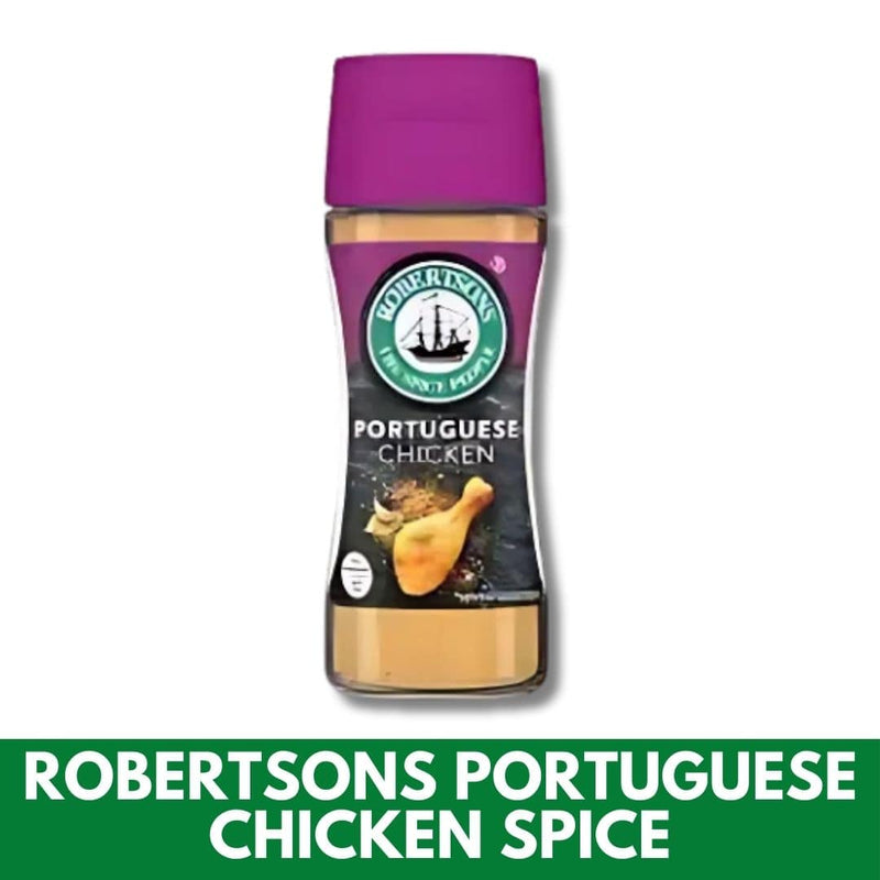 Bottle of Robertsons Portuguese Chicken Spice on a white background