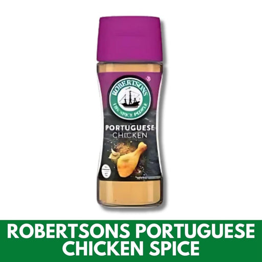 Bottle of Robertsons Portuguese Chicken Spice on a white background