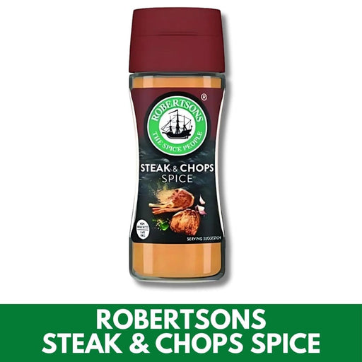 Bottle of Robertsons Steak & Chops Spice on a white background