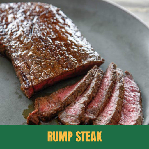 Sliced rump steak on a plate with a green label at the bottom.