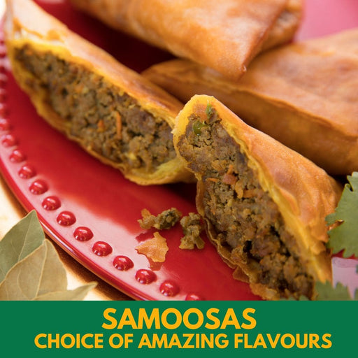 Fried samosas on a red plate with visible filling, labeled 'Choice of Amazing Flavours'.