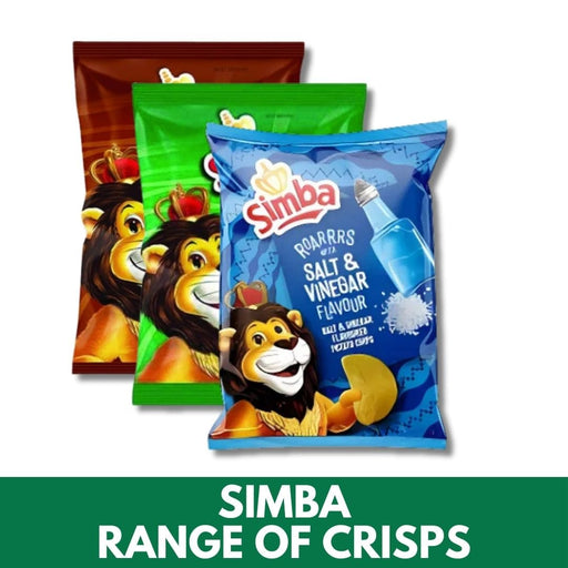Simba range of crisps packaging with cartoon lion characters on a white background