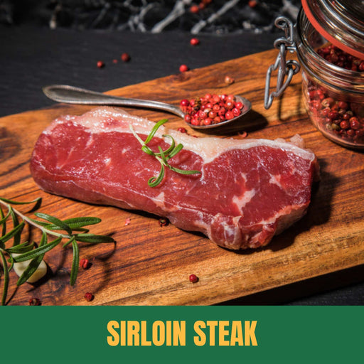 Raw sirloin steak on a wooden cutting board with spices and rosemary, labeled 'Sirloin Steak'.