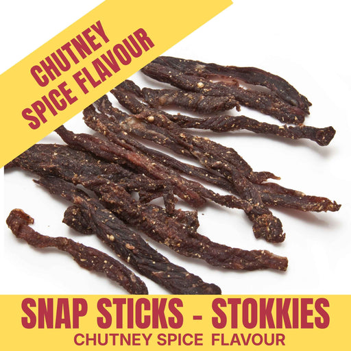 Chutney spice-flavored snap sticks on a white background with yellow text overlay.