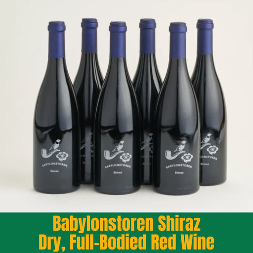 Six bottles of Babylonstoren Shiraz Dry Red Wine on a white background with text.
