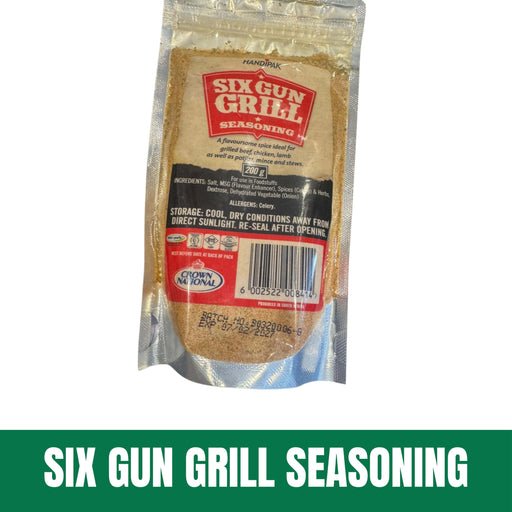 Packaged Six Gun Grill seasoning on a white background