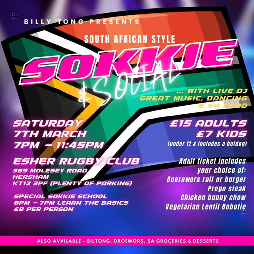 Promotional flyer for a South African Style Sookkie Social event at Esher Rugby Club.