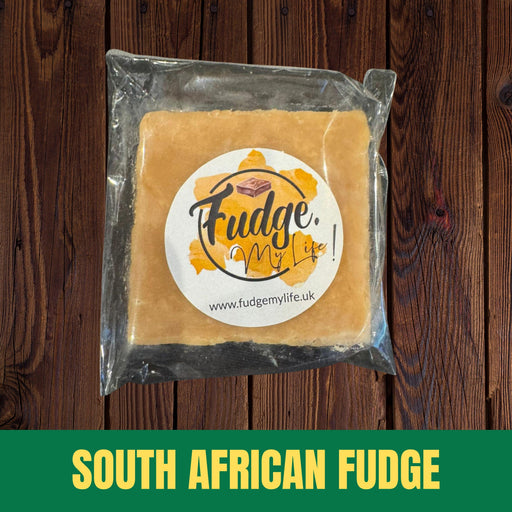 Packaged South African fudge with a visible brand label on a wooden background