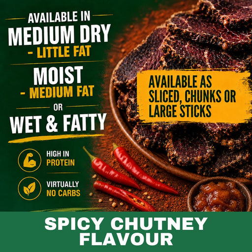 Promotional graphic for Spicy Chutney Flavour biltong, showing sliced and chunky dark brown meat sticks on a plate with red chilli peppers and a small bowl of chutney. Text highlights availability in medium dry, moist, and wet & fatty forms, and notes high protein and low carbs.