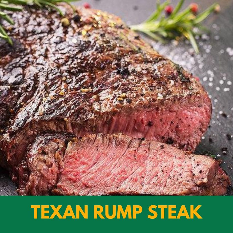 Texan rump steak, sliced and showing medium rare