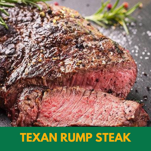 Texan rump steak, sliced and showing medium rare