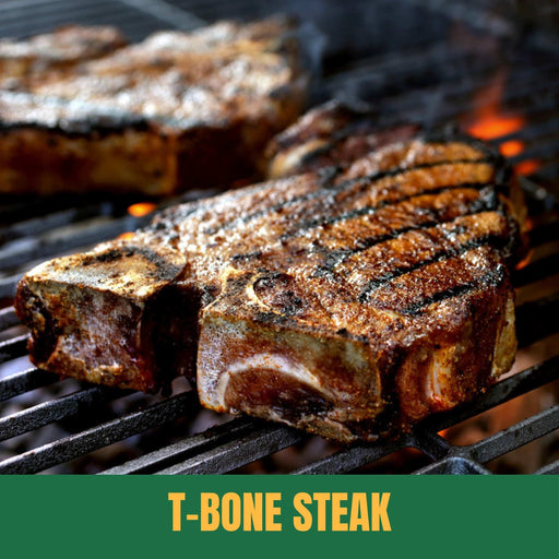 T-bone steak on a grill with visible flames and grill marks, labeled 'T-Bone Steak'.
