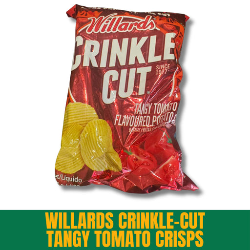 Willards Crinkle Cut Tangy Tomato Crisps packaging on a white background