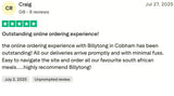 Five-star review for Billytong online ordering experience on a white background