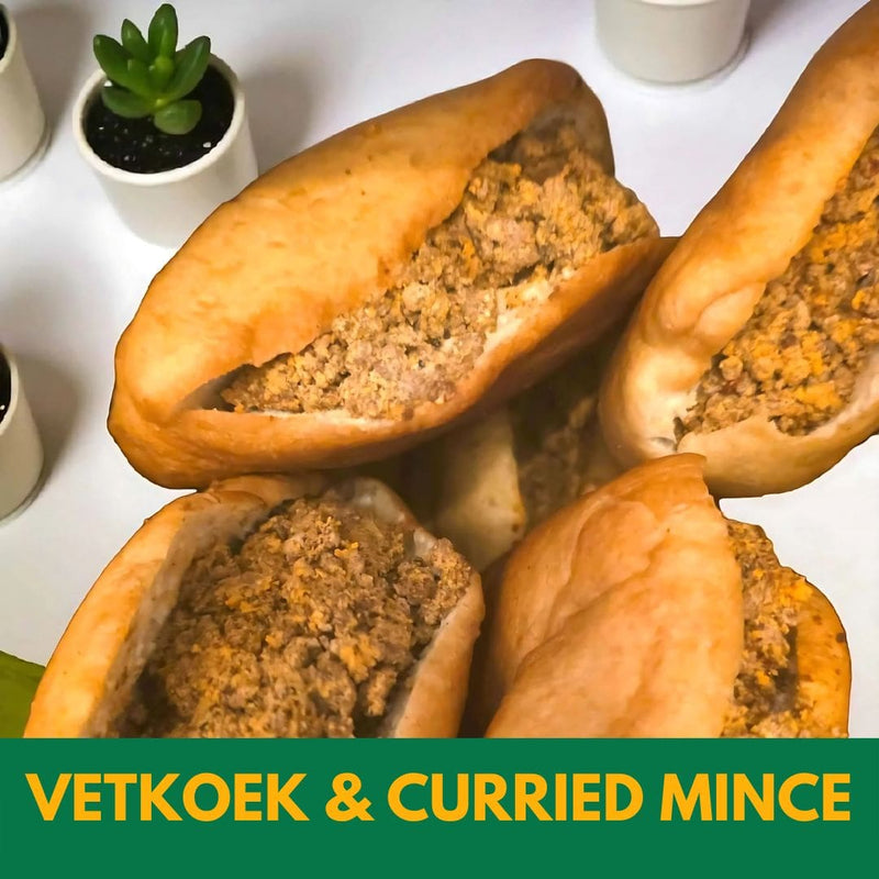 Vetkoek & Mince Baps on a white surface