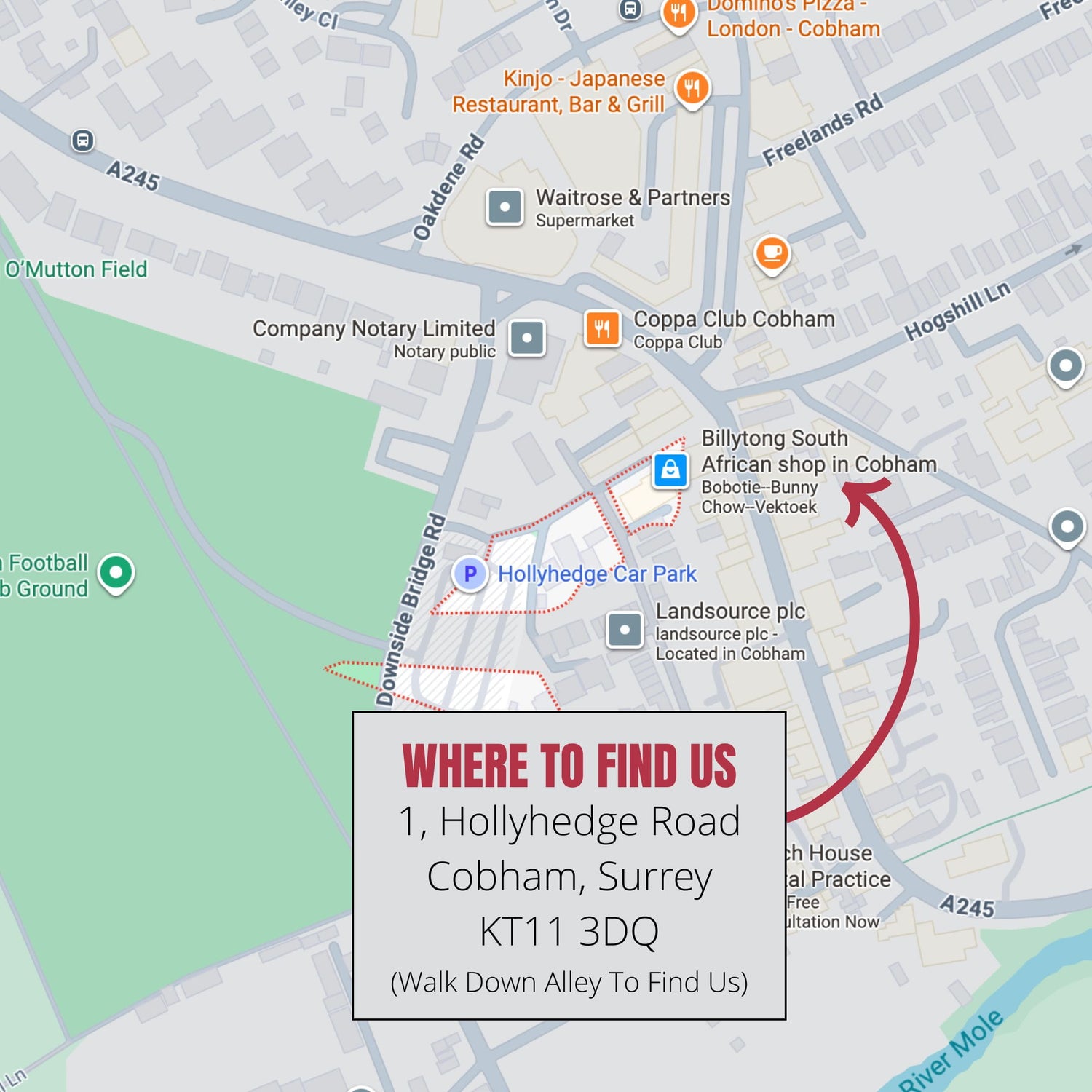 Map of Cobham, Surrey with directions to a location on Hollyhedge Road.