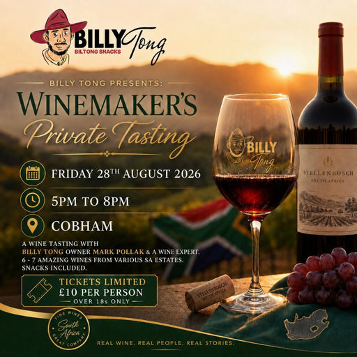 Promotional flyer for Billy Tong Winemaker's Private Tasting, featuring a wine bottle, a glass of red wine, grapes, and a cork on a sunset landscape background with event details.